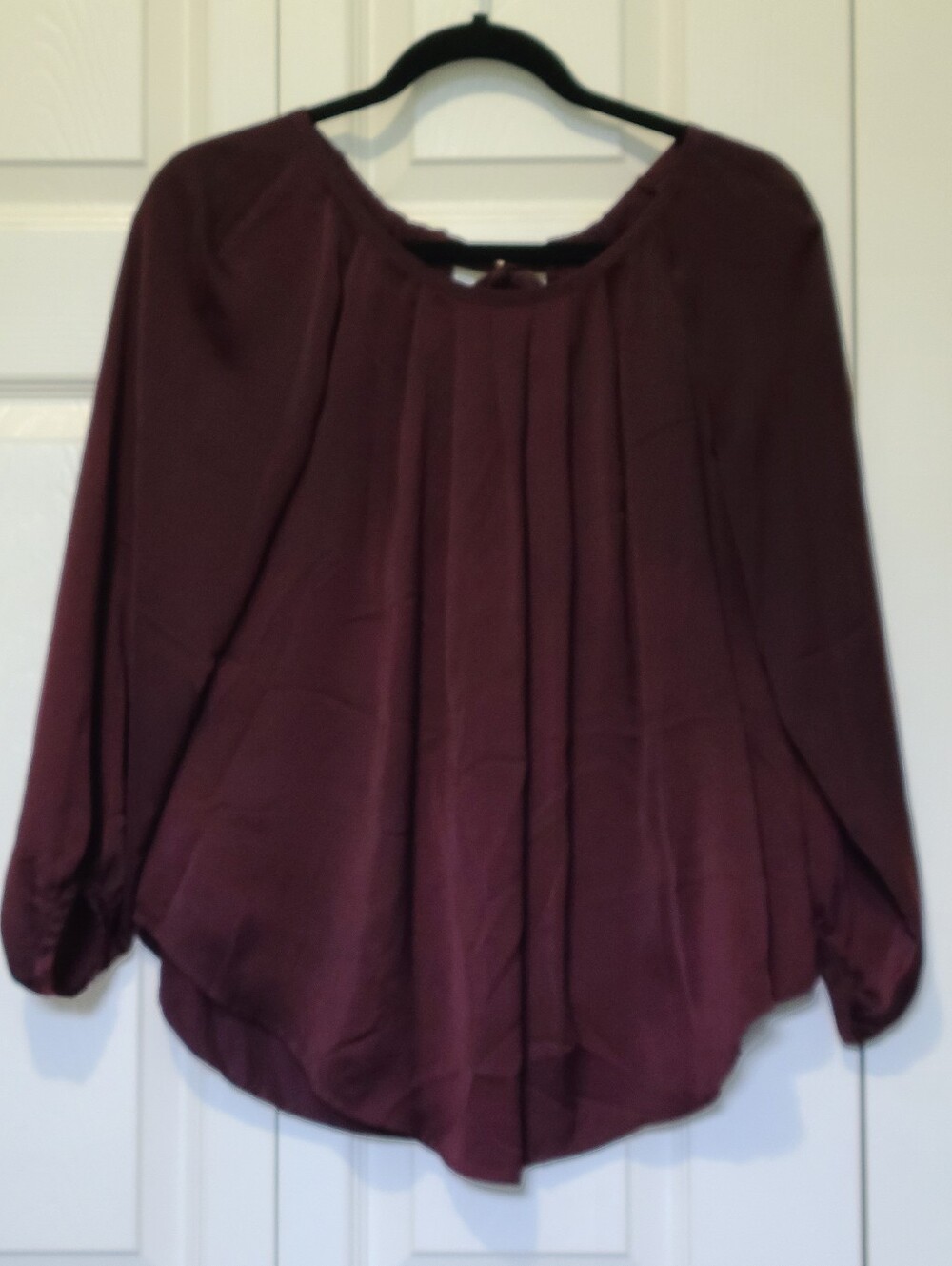 LOFT Burgundy Wine Satin 100% Viscose Pleated Blouse Flattering Square Neckline